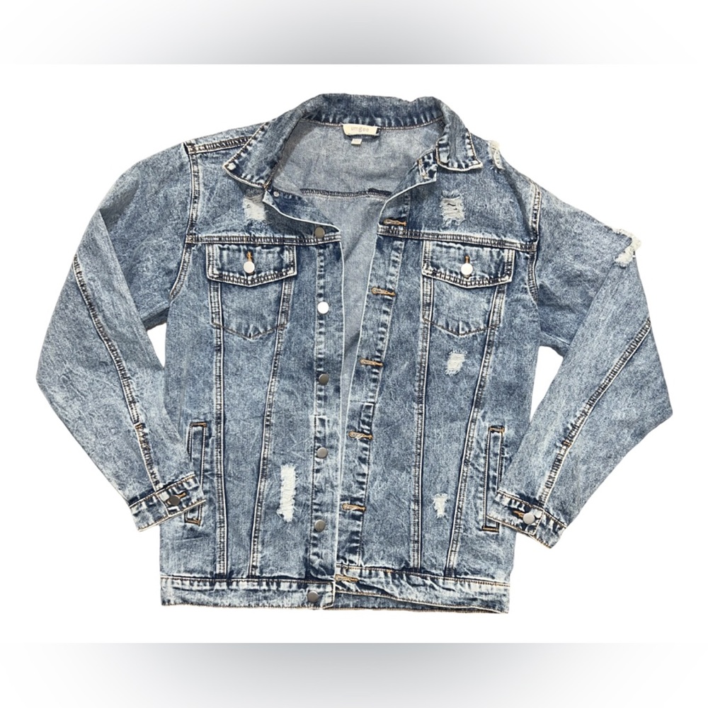 Umgee Plus Jean Jacket Womens Small Blue Distressed Acid Wash Trucker Button Den